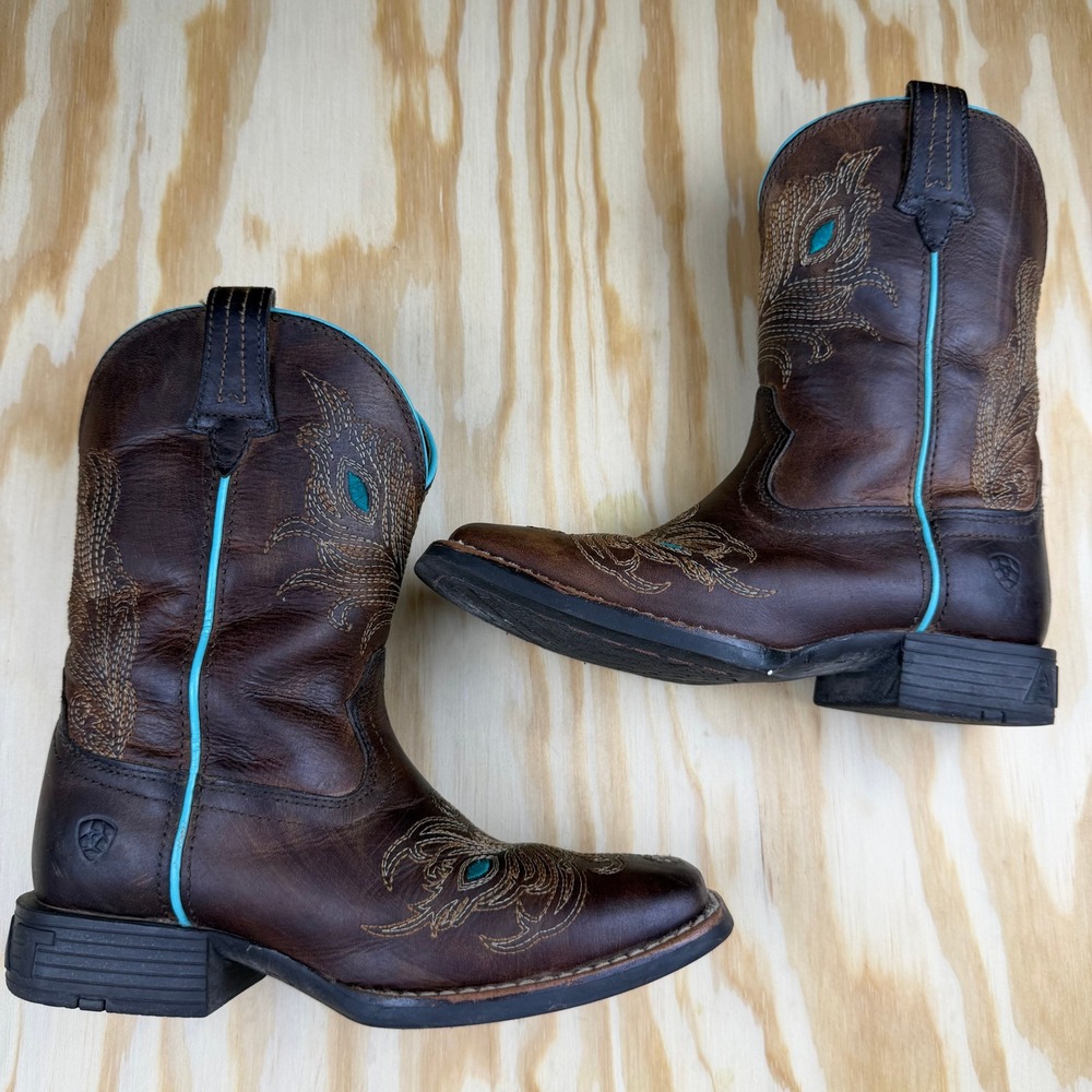 Ariat Kids Brown Leather Peacock Western Boots Turquoise Trim 10040257 Size 13